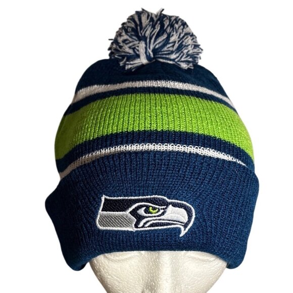 Seattle Seahawks NFL Pom Beanie Hat Budweiser Edition Blue Green White Stripes - Picture 1 of 4